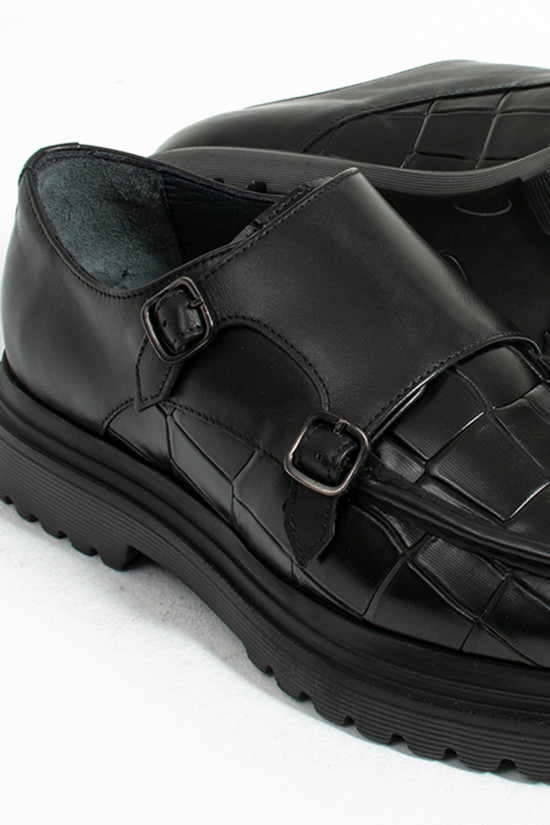 Nazef Eva Sole Double Buckle Detailed Leather Black Casual Shoes